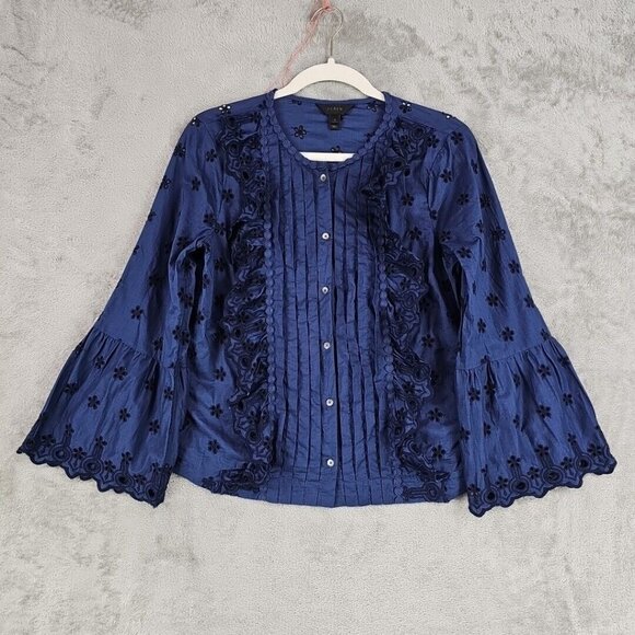 J. Crew Eyelet Lace Top Womens 2 Blue 3/4 Flared Sleeve Ruffled Button Pleated - Picture 1 of 8